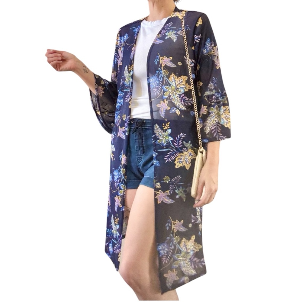 Floral Navy Kimono Cardigan - Lightweight Women’s Sweater